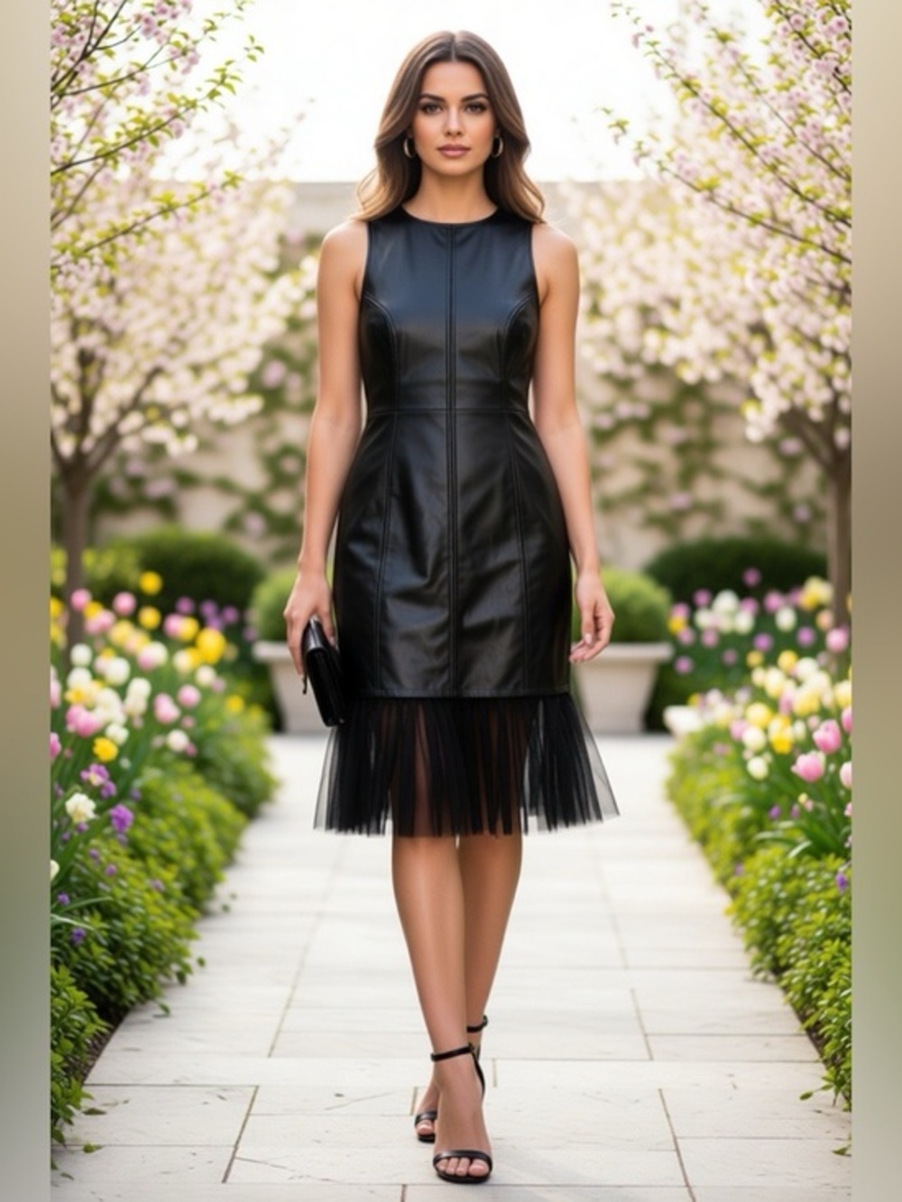 JB by JULIE BROWN Black Leather Sleeveless Couture Dress w Tulle Hemline Sz: 2